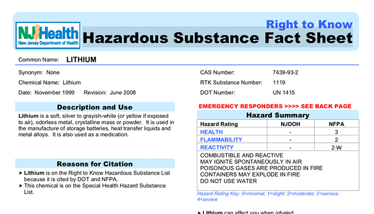 NJ.gov, Lithium Hazardous Substance List Fact Sheet